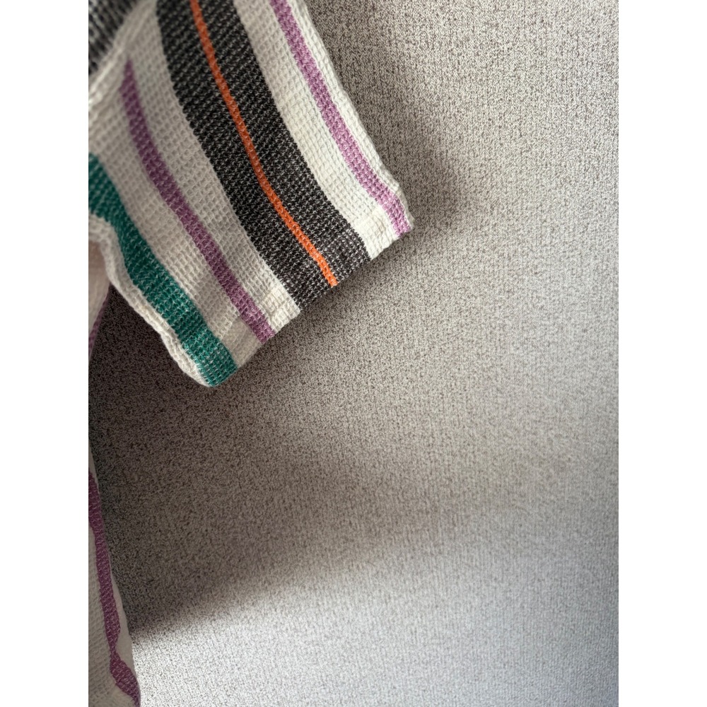 Free People Striped Waffle Knit Henley Polo Shirt Multi Color Short Sleeve Large - Picture 3 of 6